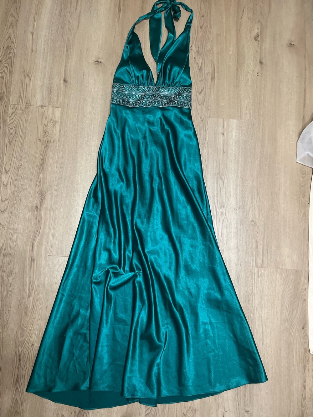 Bora USA Teal Satin Halter Formal Dress with Beaded Waistband (s)